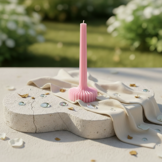 Pink ribbed decorative candle