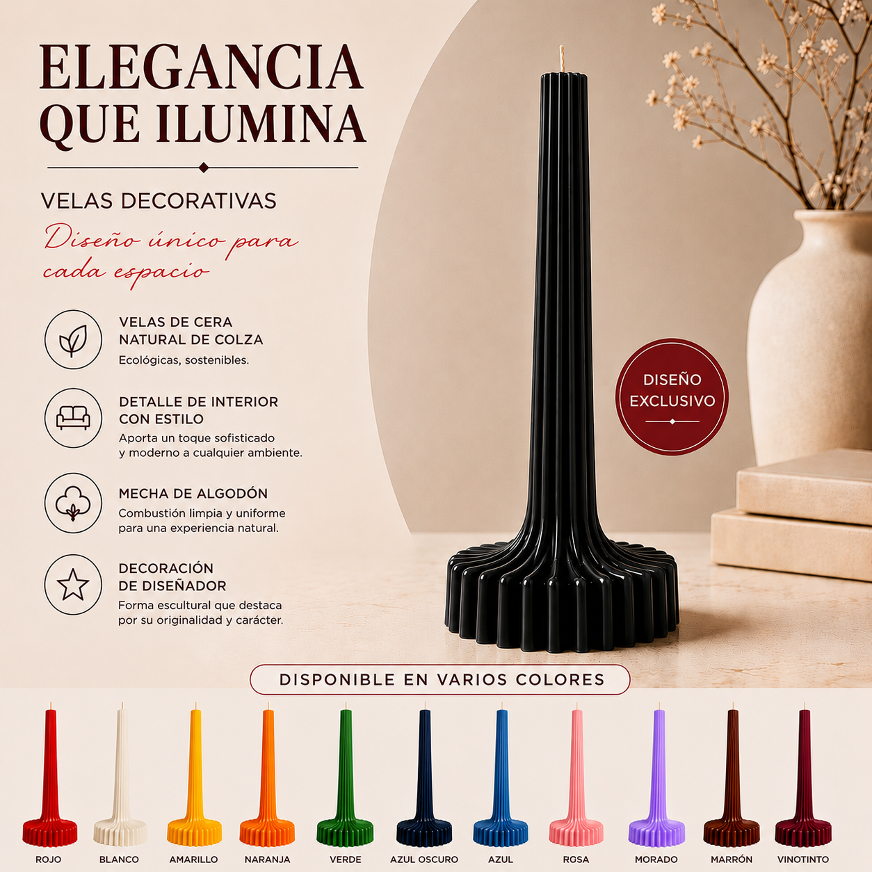 Velas Acanaladas de Diseño Exclusivo (2 unidades, negras)