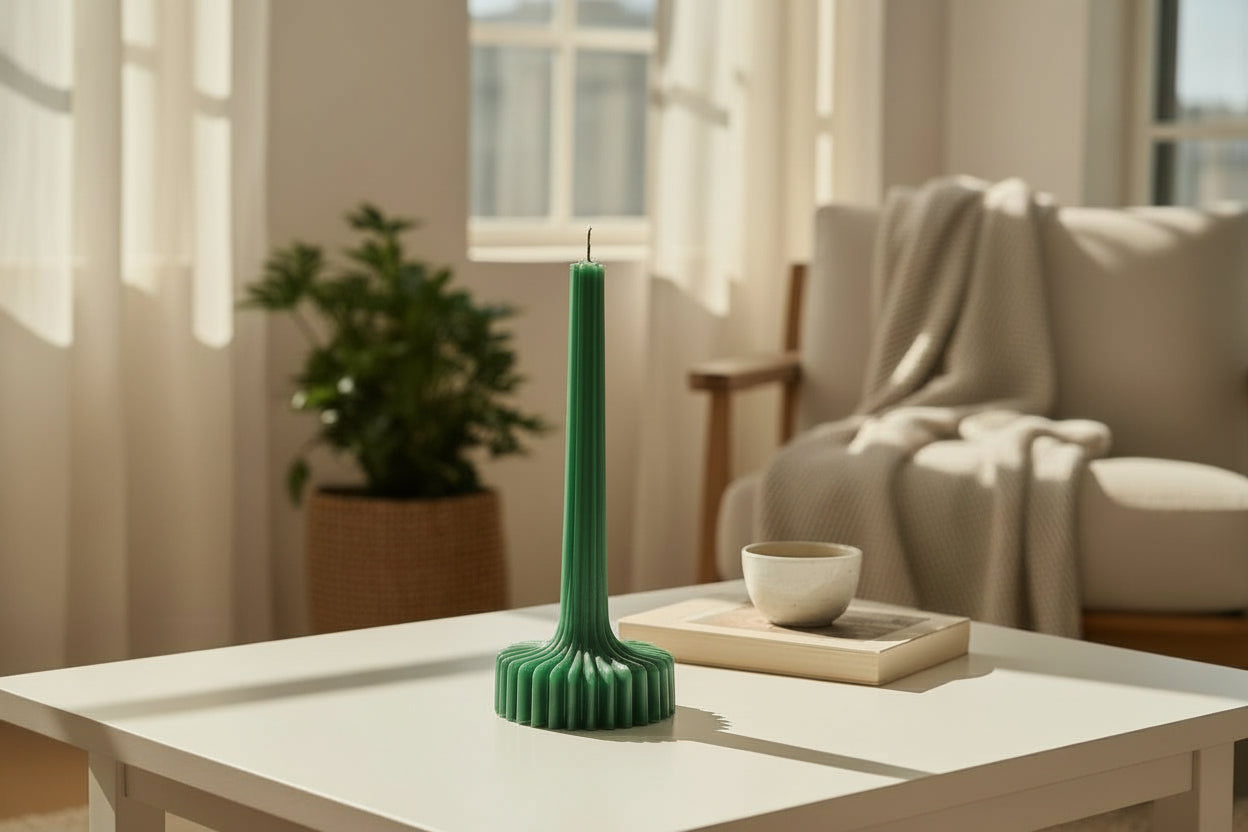 Green ribbed decorative candle