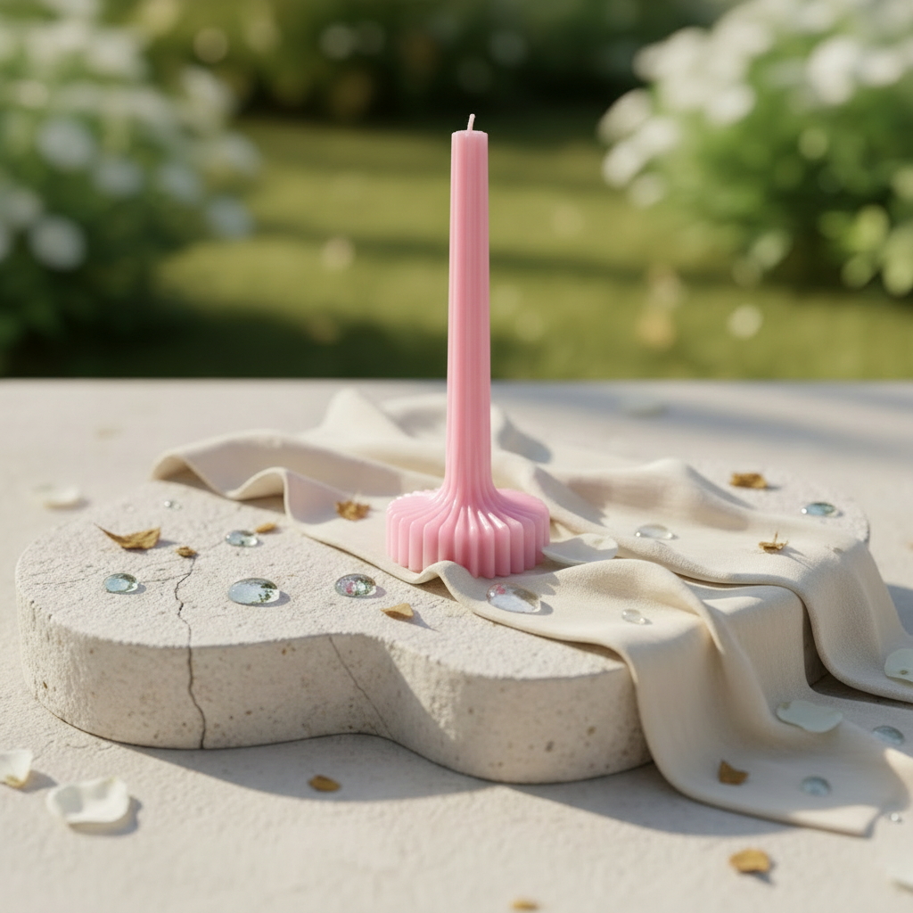 Pink ribbed decorative candle